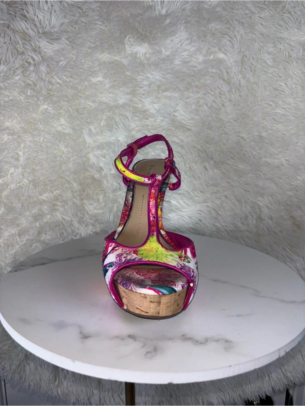 Gianni Bini Pink Floral Platform T-Strap High Heels